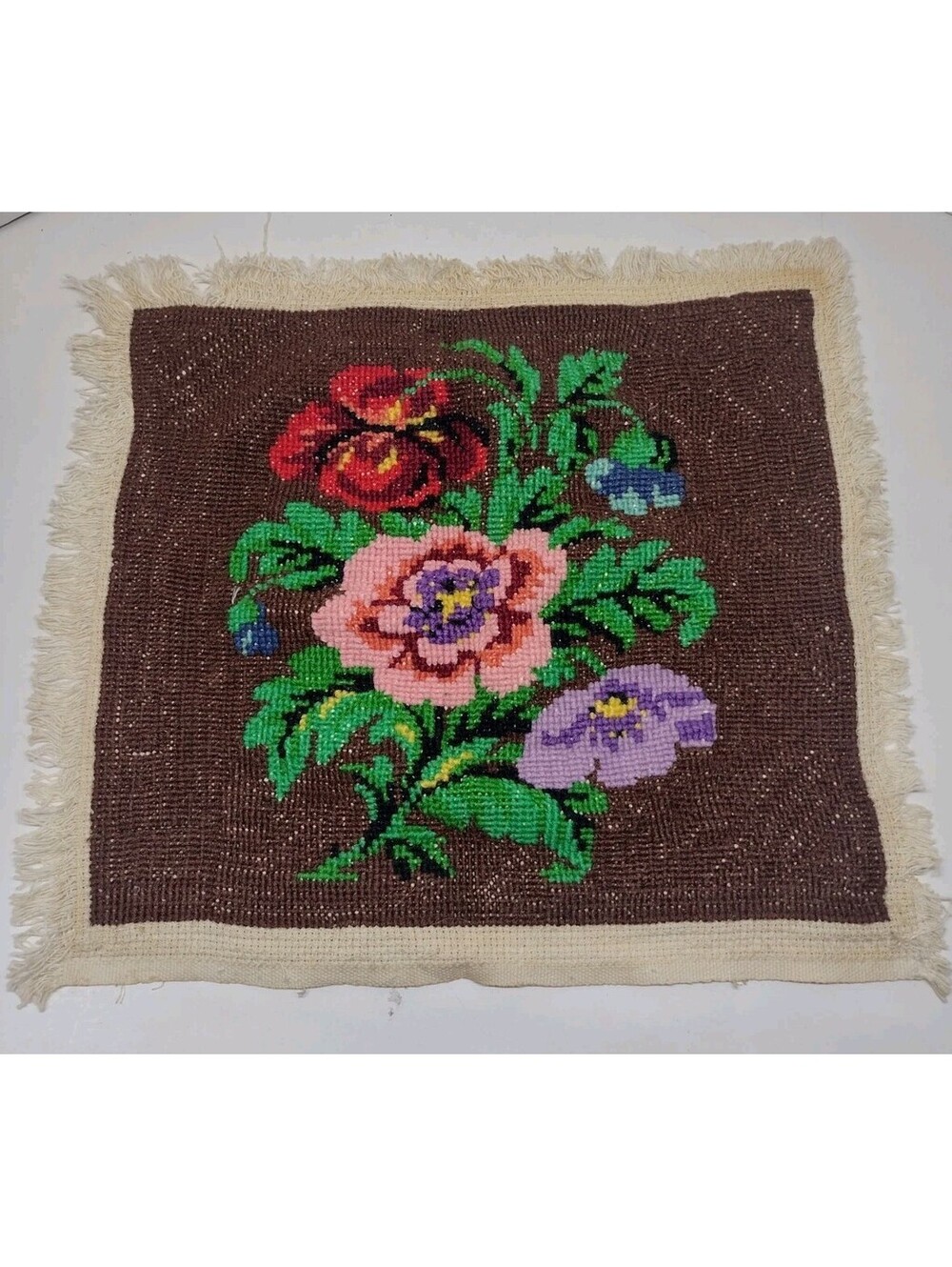 Vintage 60s 70s Floral Needlepoint Tapestry Folk Art Fringed Textile Panel